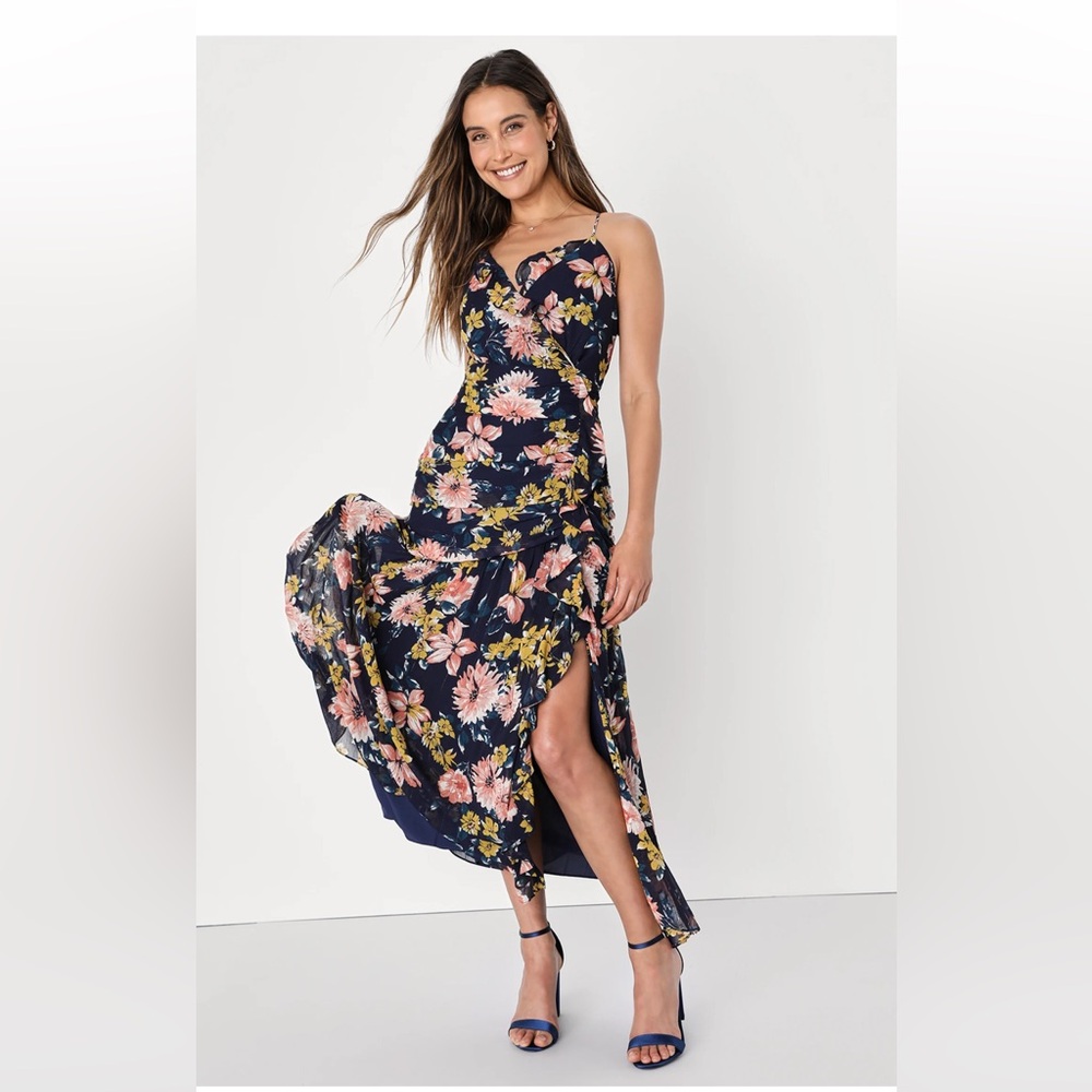 Stunning Soiree Navy Blue Floral Print Ruched Midi Dress Lulus